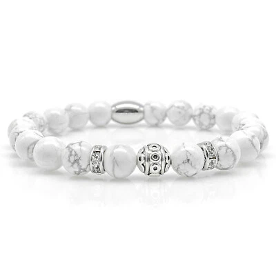 Howlith Armband Bracelet Perlenarmband Beads Kugel Zirkon weiß 8mm Edelstahl - Bild 1 von 2