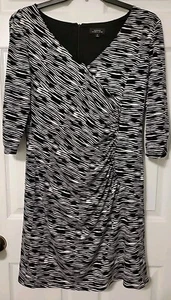 Sz 12 TAHARI Black & Off White Print Dress w/ Shirred Front & Sleeves, Stretch - Picture 1 of 6