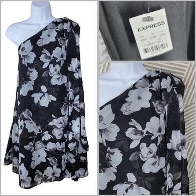 NUEVO Vestido Express Floral Fiesta Talla XL En Capas Negro Un Hombro Fiesta Fluido Foto 1 de 4
