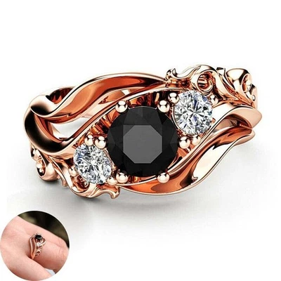 Cut Rose Gold Pretty Round Filled Ring Size 6-10 Rings Black Artificial Sapphire - Image 1 of 4