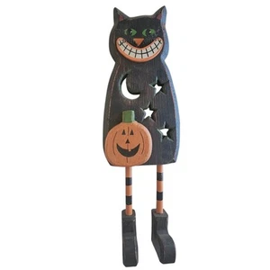 Halloween SCHWARZE KATZE 16"H bemalte Holzfigur rustikal VOLKSKUNST Kürbis Wohndeko - Bild 1 von 7