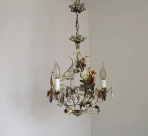 Vintage Italian 3 Light Cage Toleware Chandelier With Roses & Crystals 5463 - Picture 1 of 12