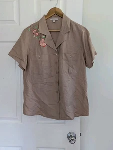 Bogari hellbraunes Hemd mit Blumenstickerei 100 % Leinen Damen Lg Western Boho Knopfleiste - Bild 1 von 10