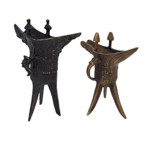 ANTIQUE SET OF 2 CHINESE BRONZE HANDMADE WINE GLASS HOME DECORATION CUP - Picture 1 of 8