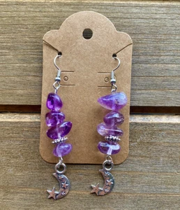 Handmade Tumbled Amethyst Dangle Moon & Star Earrings Aluminum & Stainless Steel - Bild 1 von 2