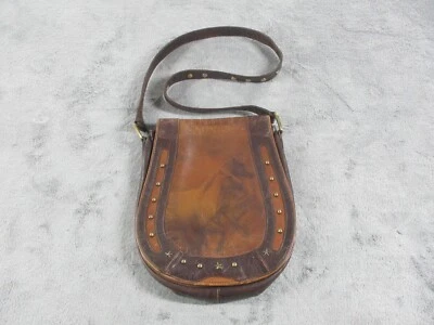 BOLSO SCULLY Cuero Genuino Sillín BOLSO 2 Caballos Herradura Latón Tachuelas Usado en Excelente Condición Foto 1 de 4