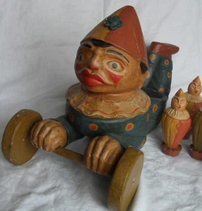 Antikes großes Zugspielzeug Clownwagen Bowling Pin/ Kegelwagen geschnitzt Holz - Bild 1 von 22