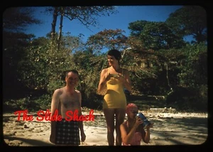 woman yellow swimsuit shirtless man on beach 1950's red border Kodachrome slide - Picture 1 of 1