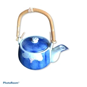 Small Teapot Bamboo Handle Pastel Blue /white - Picture 1 of 3