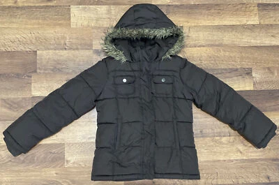 Old Navy Puffer Jacket Faux Fur Trimmed Hood Full Zip Up Girl’s Medium (8) Brown - Image 1 of 4