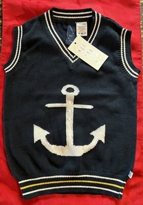 Nuevo con etiquetas Chaleco Suéter Algodón Ancla Náutica Tejido Azul Marino Cuello en V para Niños 4T - Imagen 1 de 5