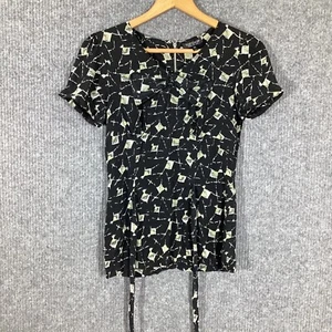 Topshop Silk Black Patterned Short Sleeve Womens Top Size 8 - Picture 1 of 11