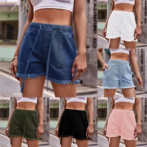 Womens Stretch Summer Frayed Jeans Denim Shorts Elastic Waist Hot Pants Bottom - Picture 1 of 19
