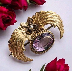 Vintage Victorian Revival Amethist Glass Stone Winged Brooch Pendant "C" Clasp  - Picture 1 of 15