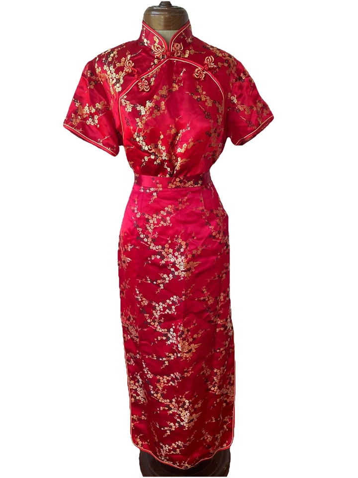 Conjunto de 2 piezas falda y top vintage chino mezcla seda Cheongsam Qipao rojo talla S Foto 1 de 4