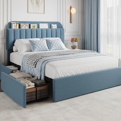 Twin Bed Frame W/ Headboard Kids Bed Frame 2 Drawers Boucle Upholstered Platform - Image 1 of 4