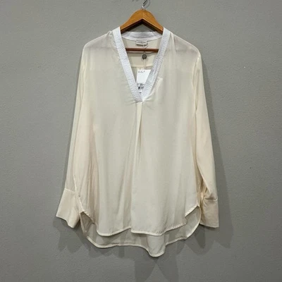 Malene Birger Silk Long Sleeve Blouse Ivory V-Neck Semi-Sheer Size 44, US XL - Image 1 of 4