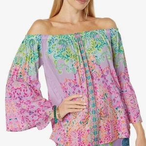 Top Lilly Pulitzer Nevie Fuera del Hombro Multi Sunshine Vibes Manga Campana XL - Imagen 1 de 7