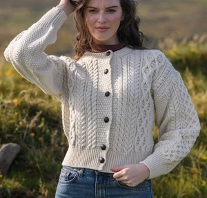 Cardigan Aran Crafts in lana ritagliata bianco naturale manica lunga taglia S - Foto 1 di 11