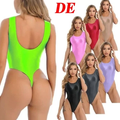 Damen glänzender einteiliger Badeanzug hoch geschnittener rückenfreier Bademode - Bild 1 von 3