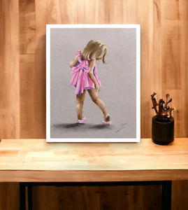 Pink dress painting by Susana Zarate, Little girl, wall art unframed - Picture 1 of 12