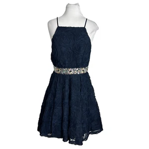 Trixxi Womens Dress Junior Size 7 Navy Blue Formal A Line Jeweled Waist Prom New - Picture 1 of 9