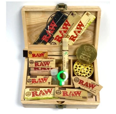 Wise Skies Wooden Rolling Box Set Gold Grinder Raw Rolling Papers Rolling Mat