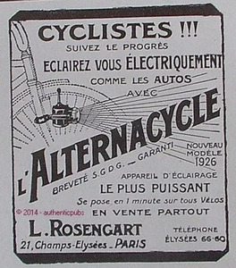 PUBLICITE ROSENGART ALTERNACYCLE LAMPE DE POCHE CYCLE VELO DE 1925 FRENCH AD PUB - Picture 1 of 1
