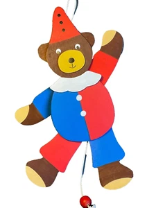 Cordon à tirer en bois nouveau-né clown ours en peluche bébé berceau décoration tchèque fait main - Photo 1/8