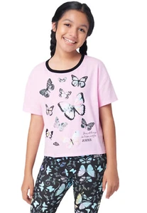 Justice Girls Top Pink 12-14 Pullover Short Sleeve Butterfly Graphics Logo - Picture 1 of 10