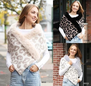 ComfyLuxe Leopard Pattern Shawled Poncho w/ Faux Fur Edges - Picture 1 of 19