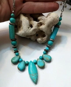 Vintage Türkis Stein Halskette Perlen versilbert Kugeln Handarbeit  - Bild 1 von 5