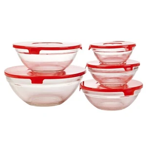5 Stück Glas Lebensmittel Behälter Backen Servieren Aufbewahrung Salat Schüsseln Set mit Deckel Rot - Bild 1 von 2