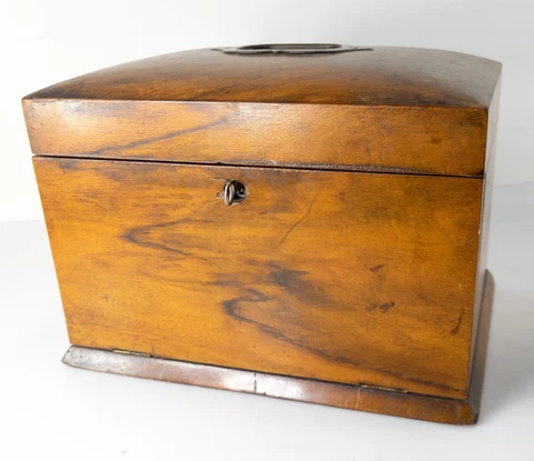 Antique English Burl Walnut Decorative Sewing Box Tufted Silk Interior Cover
