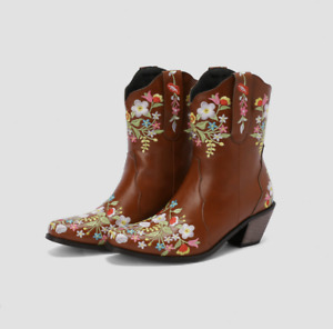 Retro Women Faux Leather Embroidered Flowers Boots Mid Block Heel Ankle Boots