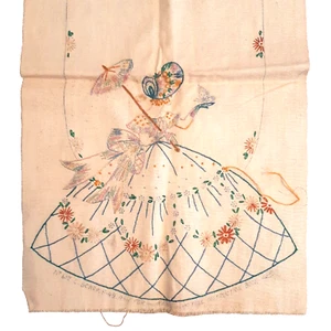 Vintage Dresser Scarf Unfinished Embroidery Lady Parasol Butterfly - Picture 1 of 13