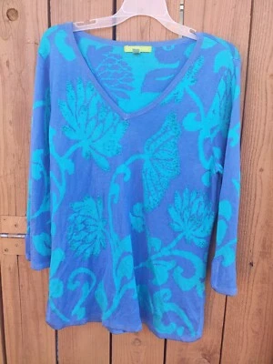 Sigrid Olsen Blue V Floral Beaded Neck 3/4 Sleeves Sweater 100% Silk Foto 1 de 4