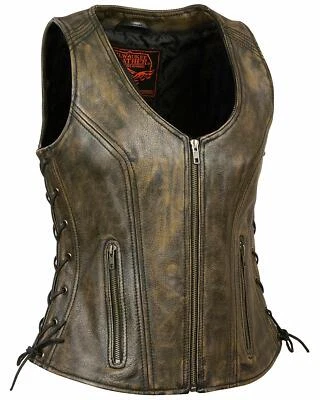 MILWAUKEE LEATHER WOMENS OPEN NECK BROWN VEST w/ DUAL CONCEAL GUN POCKETS - SADC - Image 1 of 2