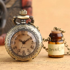 Cute Drink Me Bottle Dark Brown Glass Copper Quartz Pocket Watch Necklace Gift - Picture 1 of 6