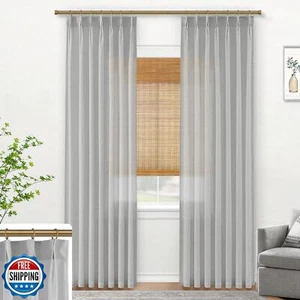SHINELAND Grey Curtains 90 Inches Long for Living Room,Linen Sheer Pinch Plea - Picture 1 of 5