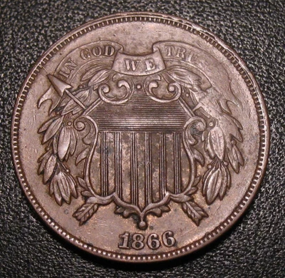 OLD US COINS 1866 OBSOLETE HIGHGRADE TWO CENT 2 C COIN - Image 1 of 2