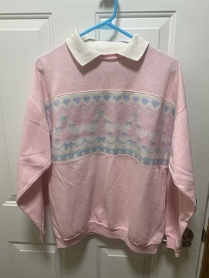 Sudadera Vintage Años 90 Rosa Pastel Cuello - Estampado Corazón Grandmacore - Talla L Foto 1 de 4
