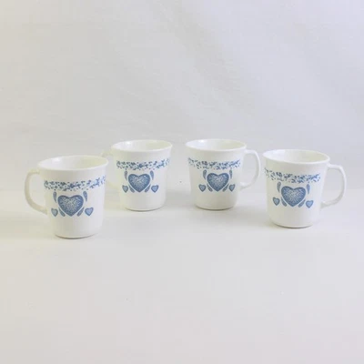 Lot De 4 Tasses À Café Corning Corelle Blue Hearts À Bord Incliné - Photo 1/4