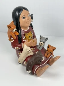Peruvian Ceramic Pottery Indian Girl & 7 Cats Kittens Made in Peru - Picture 1 of 5