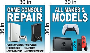 NEW PERFORATED WINDOW VINYL DECAL VIDEO GAME CONSOLE REPAIRS 30" X 36" PAIR - Picture 1 of 2