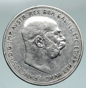1909 AUSTRIA w King FRANZ JOSEPH I Austrian Silver Antique 5 Corona Coin i91479 - Picture 1 of 3