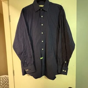Michael Kors Mens Stripe Casual Button Down Dress Shirt Navy Blue 16.5 34/35 - Picture 1 of 7