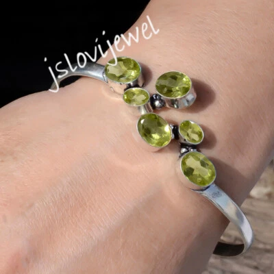 Green Faceted Peridot Gemstone 925 Sterling Silver Handmade New Bangle Bracelet - Image 1 of 4