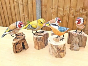 Hand Carved Painted Goldfinch Greenfinch Nuthatch Birds Wood Log Figure Ornament - Picture 1 of 28