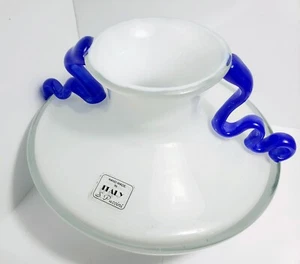 S. Puccini Art Glass Vase 5½" Italy Murano White Glass Cobalt Blue Handle Large - Picture 1 of 13